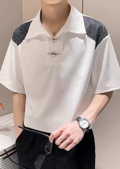 Summer Ice Button Polo Patchwork Art White Shirts Silk