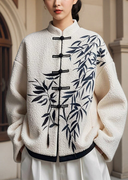 Art White Chinese Button Bamboo Print Faux Fur Jackets Winter