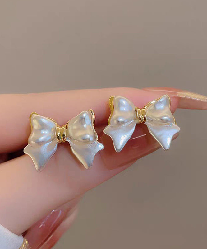White Art Bow Earrings Copper Stud Alloy