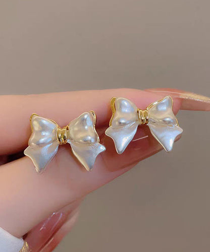 White Art Bow Earrings Copper Stud Alloy