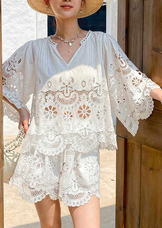 Half Two Sleeve Lace Piece Out Set Art White Hollow