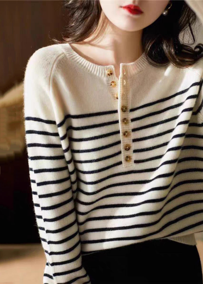 Art White Striped Button Woolen Sweaters Spring TF030