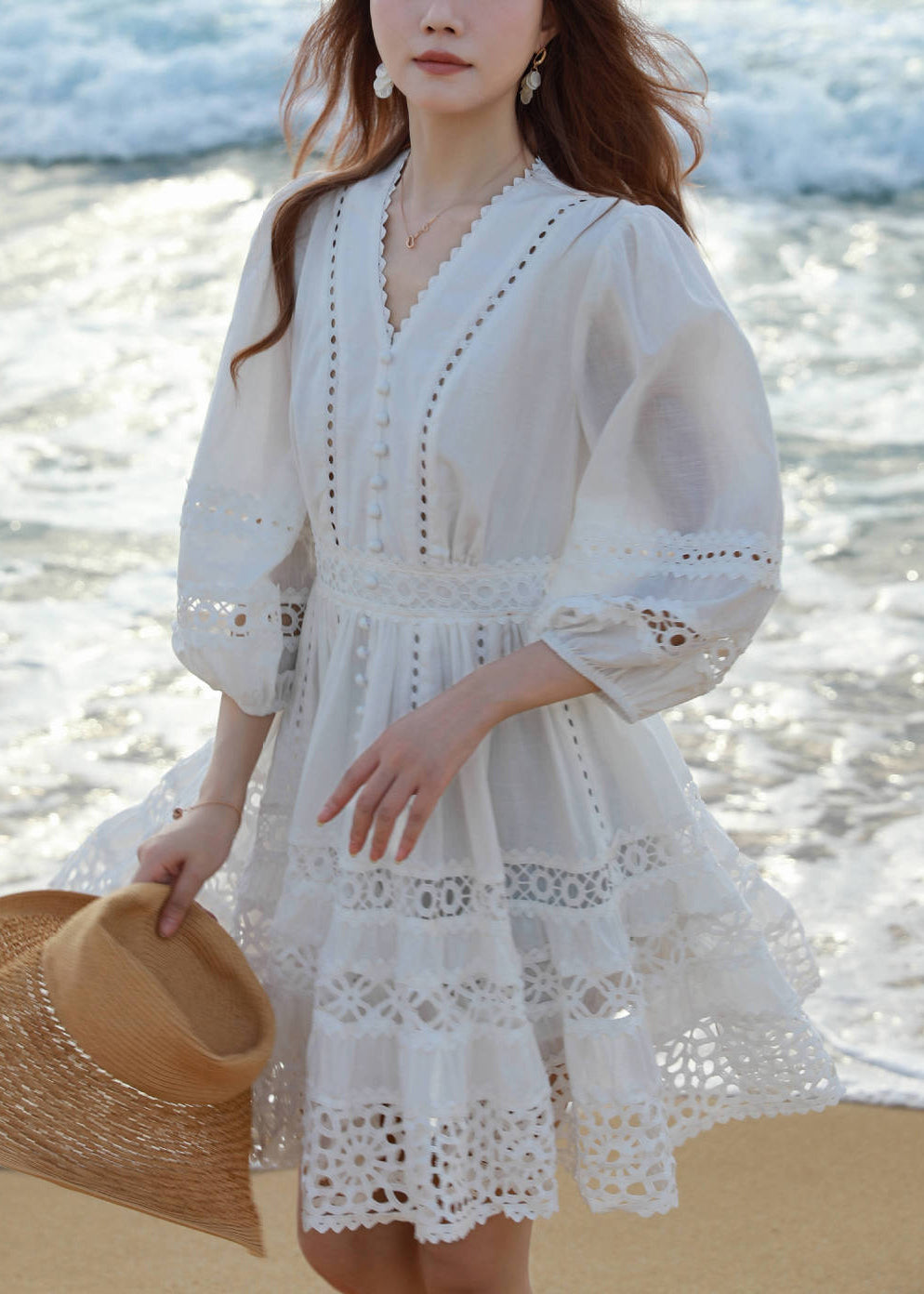 Sleeve Bracelet Mid White Cotton Out Art Neck Hollow Dress V