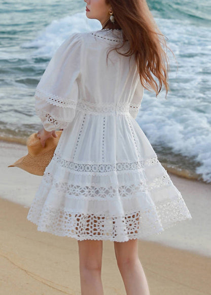 Sleeve Bracelet Mid White Cotton Out Art Neck Hollow Dress V