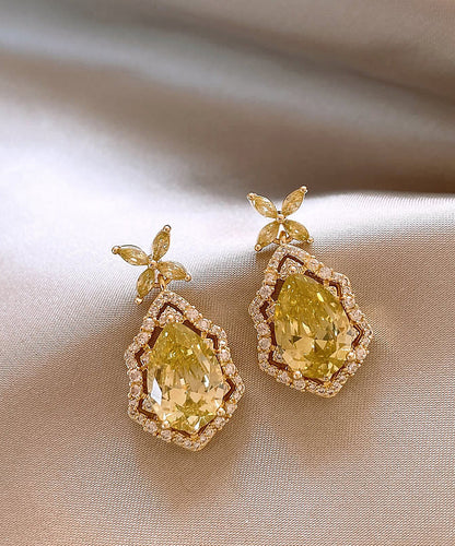 Drop Crystal Earrings Clover Leaf Copper Four Art Yellow Overgild
