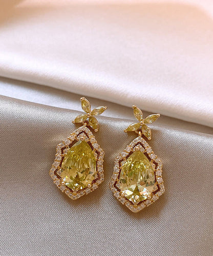 Drop Crystal Earrings Clover Leaf Copper Four Art Yellow Overgild