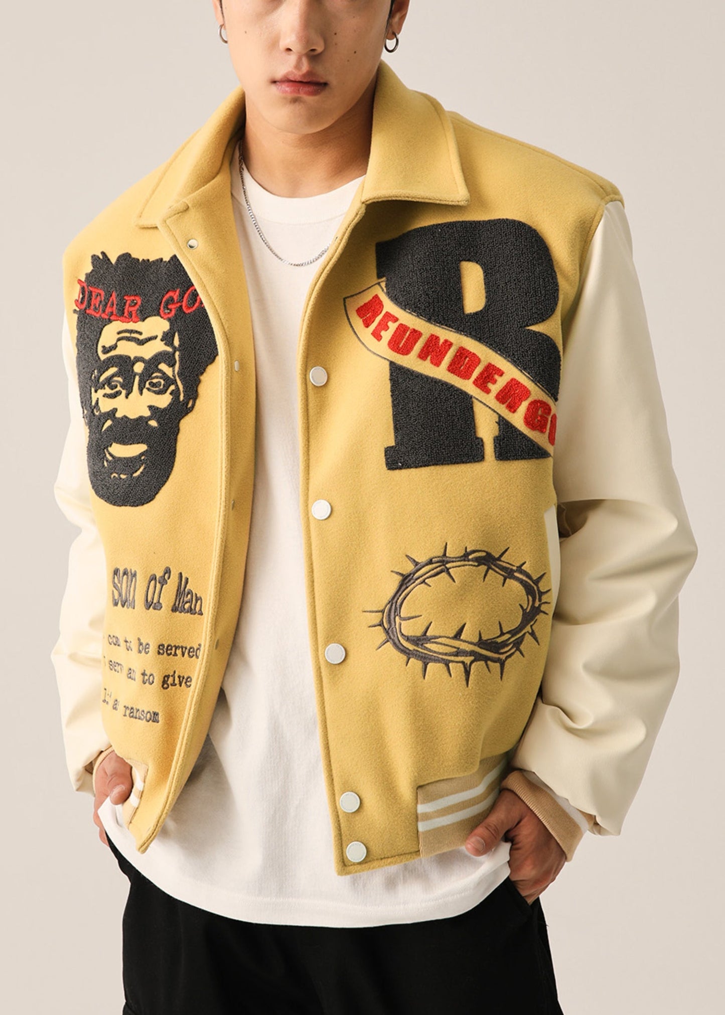 Pockets Embroideried Yellow Spring Art Patchwork TC012 Men Parka
