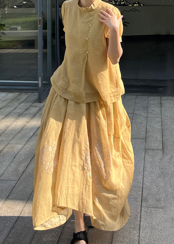 Two Skirts Pieces Tops Set Lace Art Yellow Patchwork And Summer