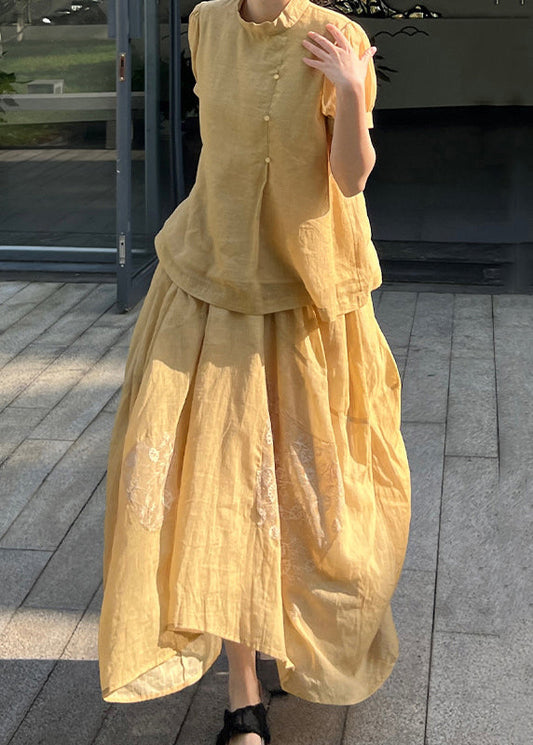 Two Skirts Pieces Tops Set Lace Art Yellow Patchwork And Summer