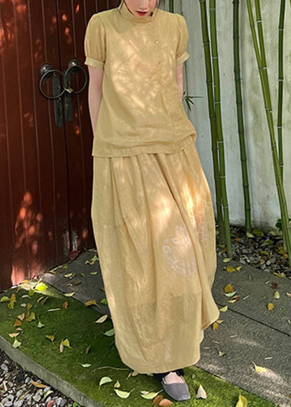 Two Skirts Pieces Tops Set Lace Art Yellow Patchwork And Summer