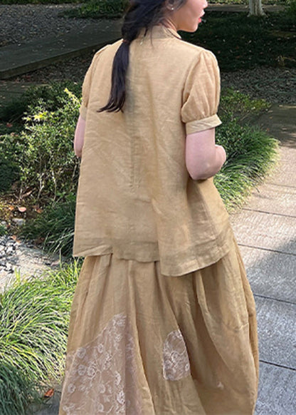 Two Skirts Pieces Tops Set Lace Art Yellow Patchwork And Summer