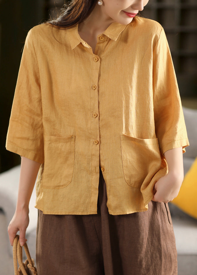 Yellow Sleeve Blouse Pockets Bracelet Art Pan Linen Peter Collar