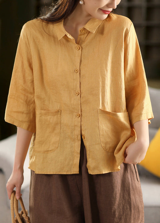 Yellow Sleeve Blouse Pockets Bracelet Art Pan Linen Peter Collar