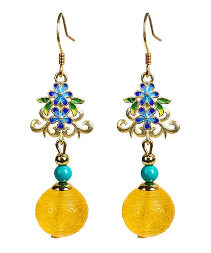 Art Yellow Sterling Silver Inlaid Amber Turquoise Floral Drop Earrings Ada Fashion