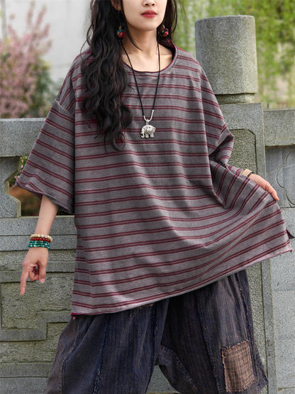 Casual Shirt Stripe Summer Cotton Plus Size Women