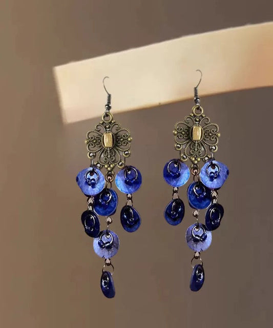 Silver Beach Tassel Sterling Shell Hollow Earrings Blue Drop Out