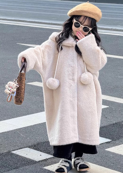 Beautiful Apricot Fuzzy Ball Decorated Girls Mink Velvet Hoodies Long Coats Winter TG021