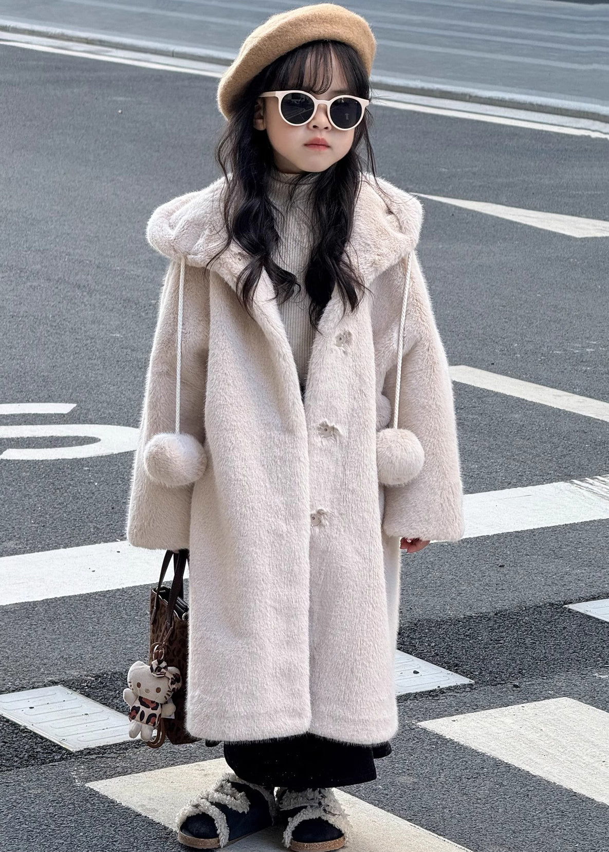 Beautiful Apricot Fuzzy Ball Decorated Girls Mink Velvet Hoodies Long Coats Winter TG021