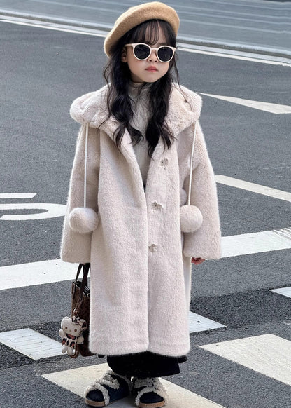 Beautiful Apricot Fuzzy Ball Decorated Girls Mink Velvet Hoodies Long Coats Winter TG021