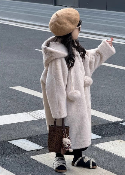 Beautiful Apricot Fuzzy Ball Decorated Girls Mink Velvet Hoodies Long Coats Winter TG021