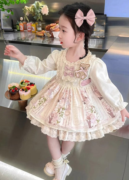 Beautiful Apricot Print Ruffled Girls Vacation Mid Dresses Spring YE024