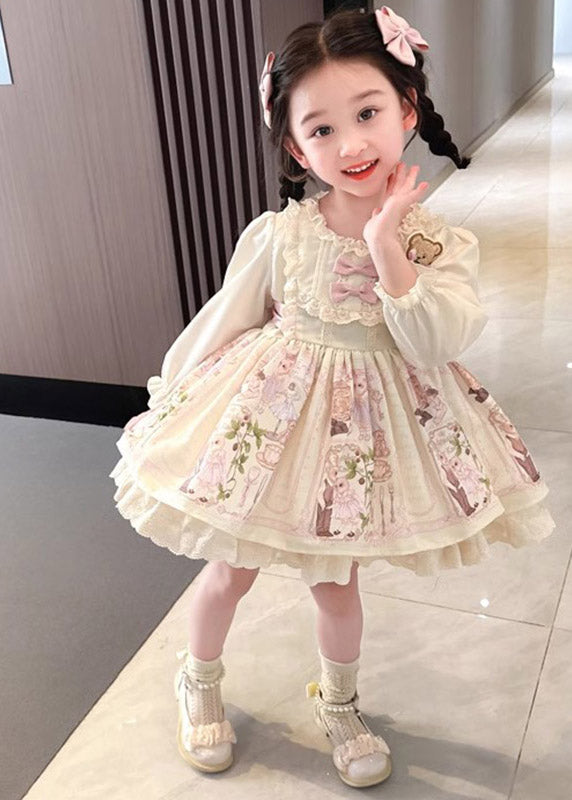 Beautiful Apricot Print Ruffled Girls Vacation Mid Dresses Spring YE024