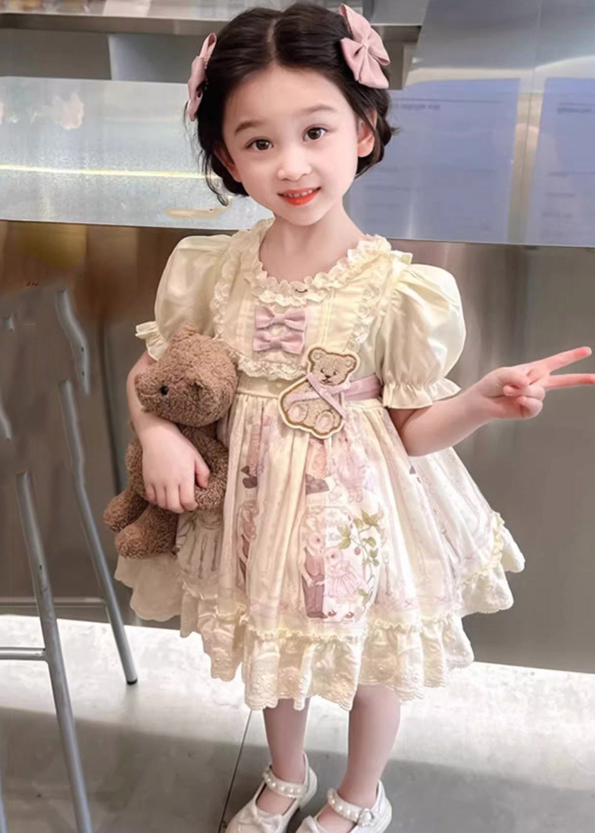 Beautiful Apricot Print Ruffled Girls Vacation Mid Dresses Spring YE024