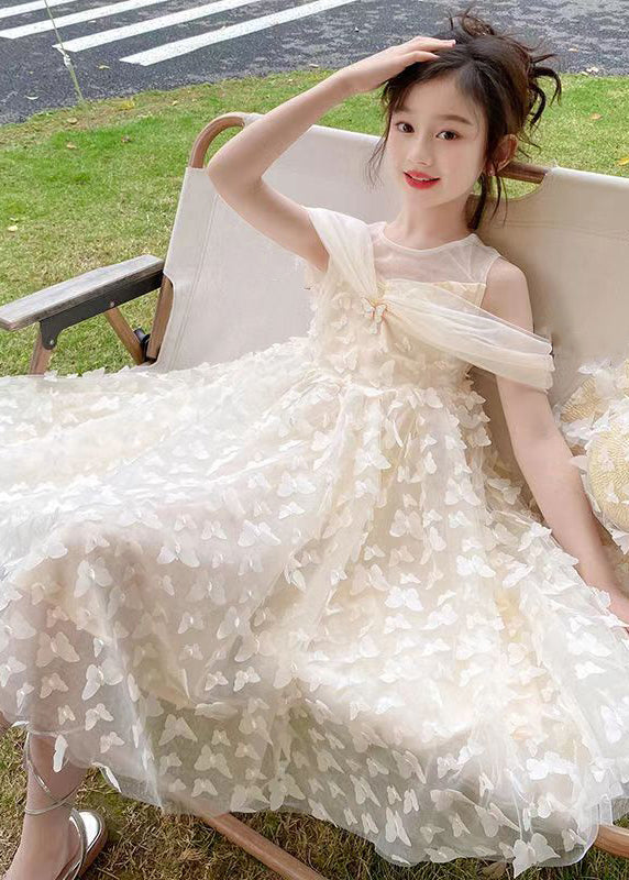 Beautiful Beige O-Neck Butterfly Tulle Girls Long Dresses Summer TT033