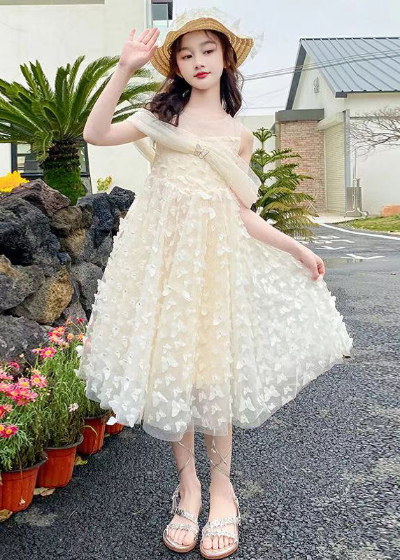 Beautiful Beige O-Neck Butterfly Tulle Girls Long Dresses Summer TT033