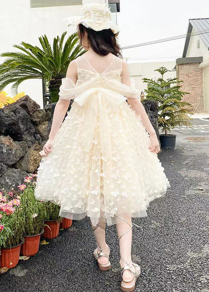 Beautiful Beige O-Neck Butterfly Tulle Girls Long Dresses Summer TT033