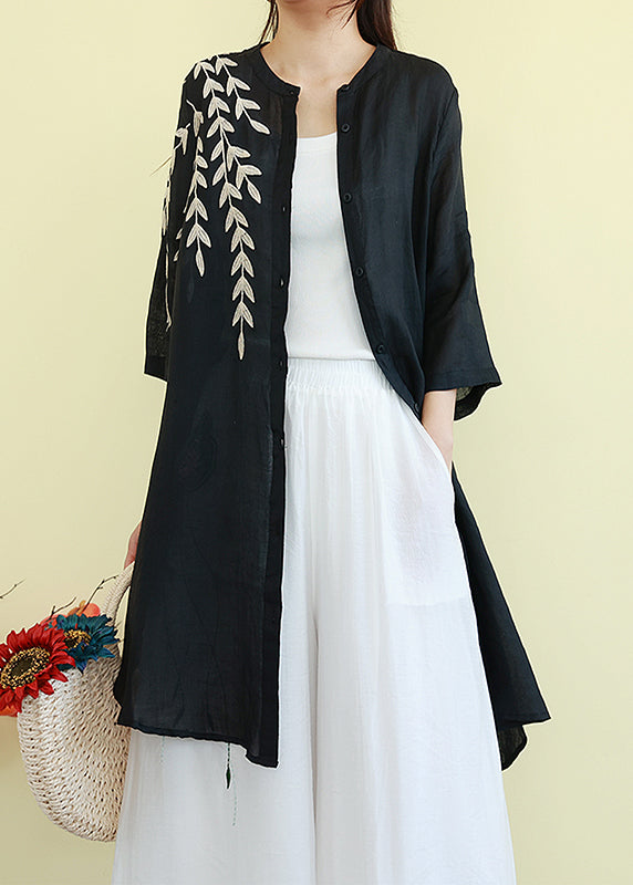 Beautiful Black Embroidered Linen Shirt Dresses Summer TM003