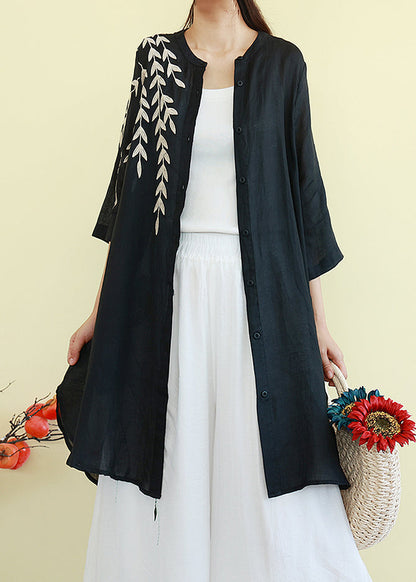 Beautiful Black Embroidered Linen Shirt Dresses Summer TM003