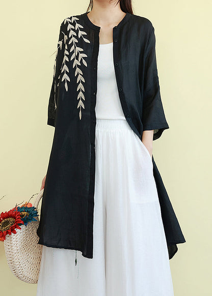 Beautiful Black Embroidered Linen Shirt Dresses Summer TM003