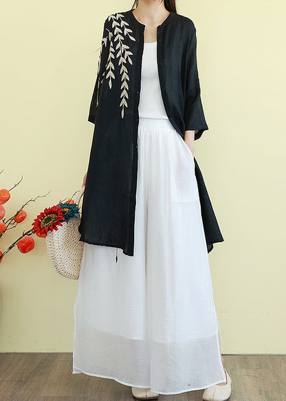 Beautiful Black Embroidered Linen Shirt Dresses Summer TM003