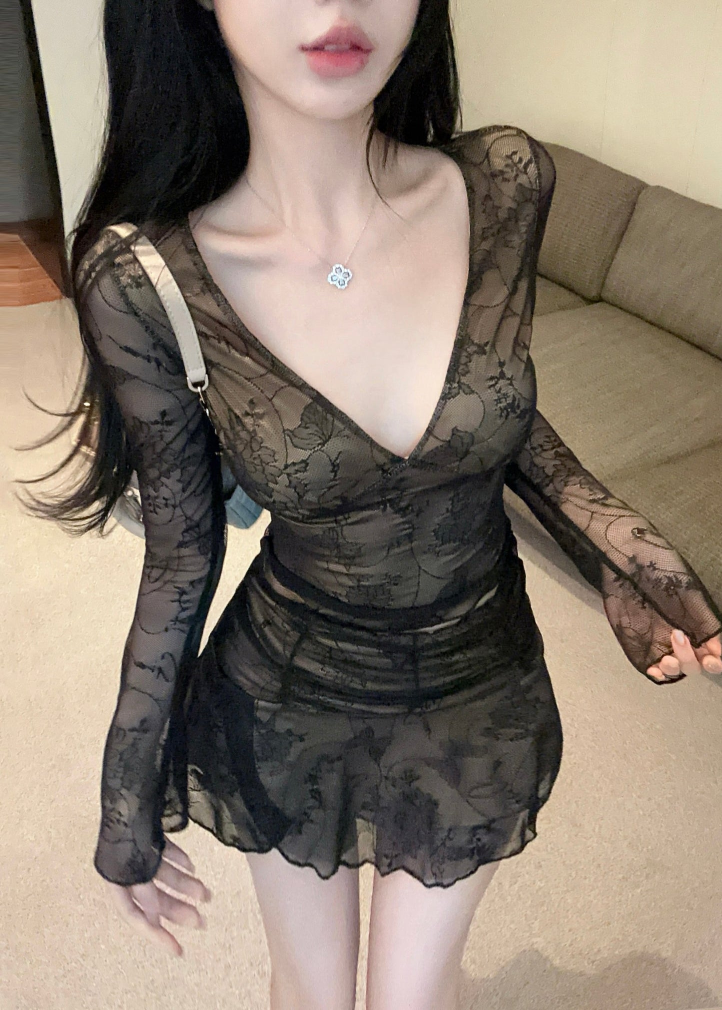 Beautiful Black V Neck Silm Fit Tulle Two Piece Set Women Clothing YP018