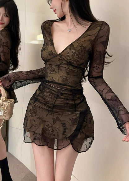 Beautiful Black V Neck Silm Fit Tulle Two Piece Set Women Clothing YP018