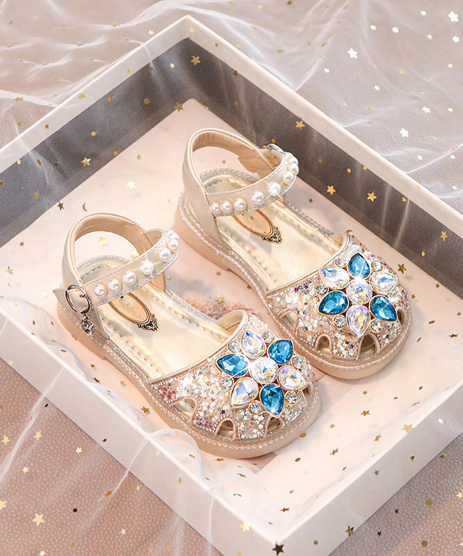 Blue Hollow Buckle Beautiful Girls Crystal Sandals Strap Out Flat