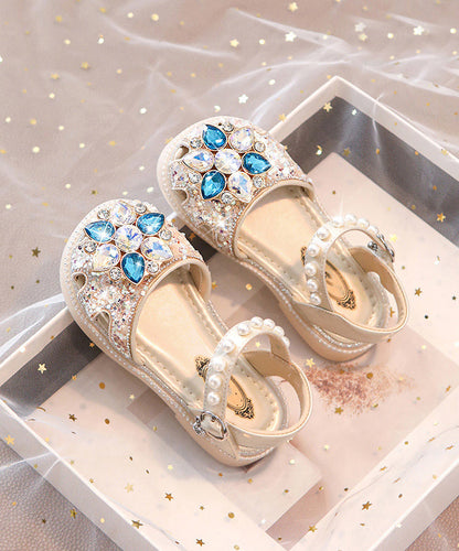 Blue Hollow Buckle Beautiful Girls Crystal Sandals Strap Out Flat