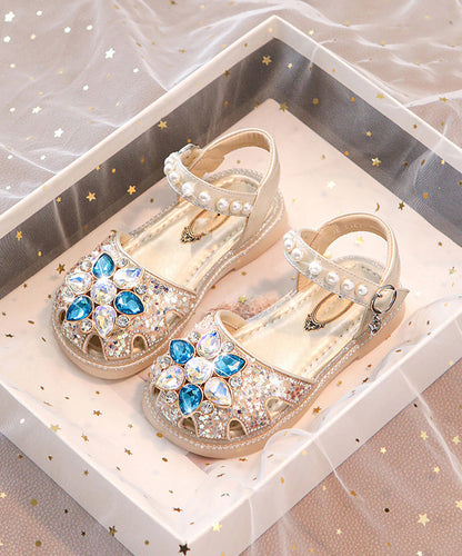 Blue Hollow Buckle Beautiful Girls Crystal Sandals Strap Out Flat