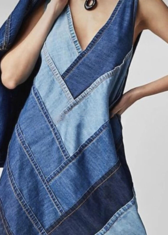 Sleeveless Patchwork Neck Dress V Beautiful Blue Denim