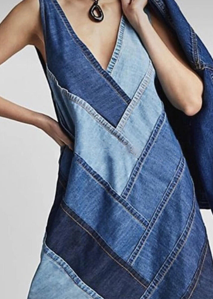 Sleeveless Patchwork Neck Dress V Beautiful Blue Denim