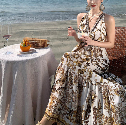 Print Sundress Summer Brown Beach Beautiful Chiffon