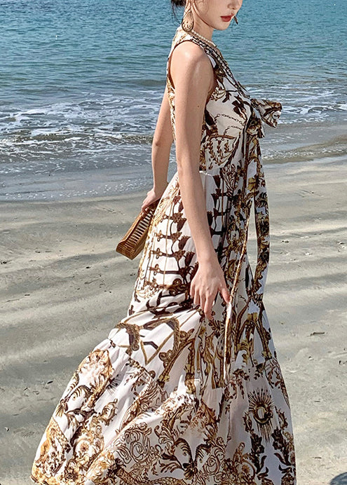 Print Sundress Summer Brown Beach Beautiful Chiffon