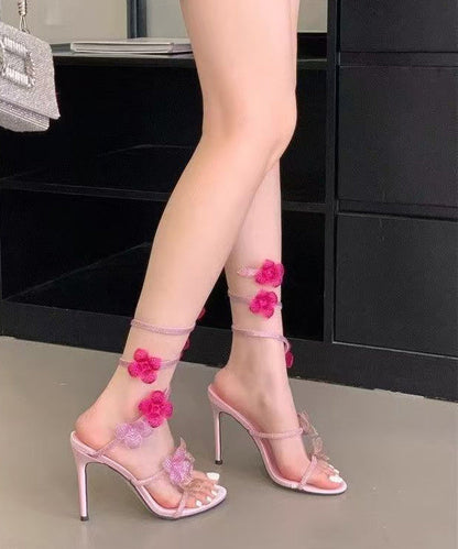Faux Beautiful Sandals Splicing Floral Pink Leather High Heel