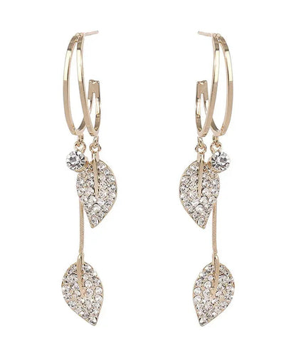 Beautiful Gold Sterling Silver Zircon Leaf Drop Earrings Ada Fashion