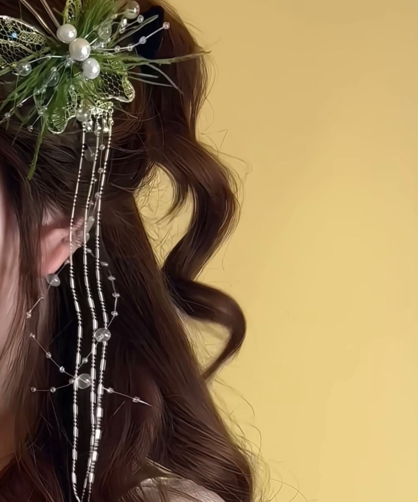 Beautiful Lace Hairpin Green Butterfly Feather Pearl Tassel