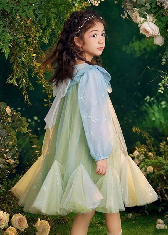 Beautiful Green Sequins Tulle Kids Long Dresses Puff Sleeve TV031