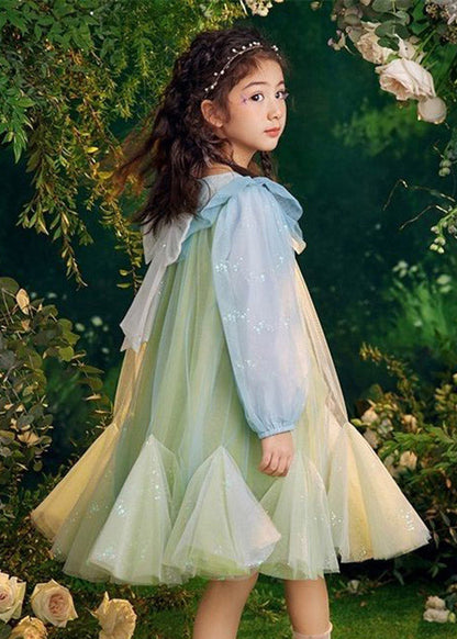 Beautiful Green Sequins Tulle Kids Long Dresses Puff Sleeve TV031