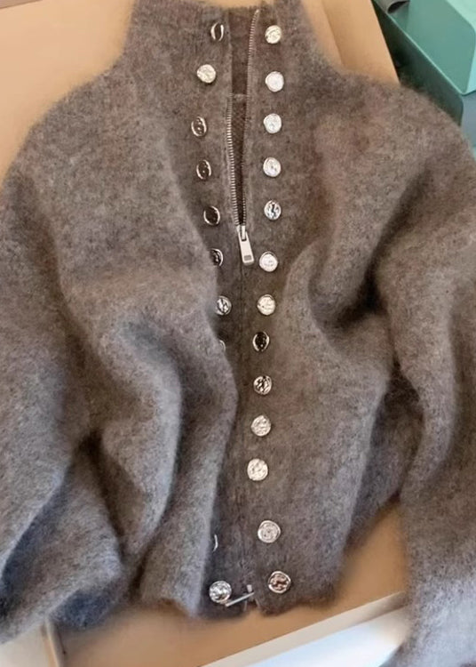 Beautiful Grey High Neck Zip Up Woolen Knit Cardigans Spring TN025