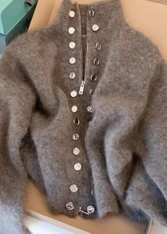 Beautiful Grey High Neck Zip Up Woolen Knit Cardigans Spring TN025